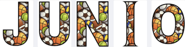 La palabra "JUNIO" está escrita en letras grandes y en negrita con un patrón de pelotas deportivas, incluidas pelotas de fútbol, baloncesto, tenis, béisbol y fútbol americano.